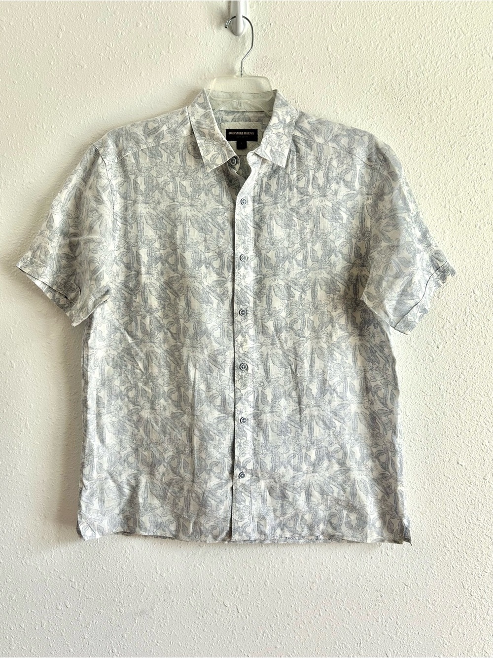 Johnston & Murphy Linen Button Up Shirt Mens Large Blue Leaf Floral Print Resort